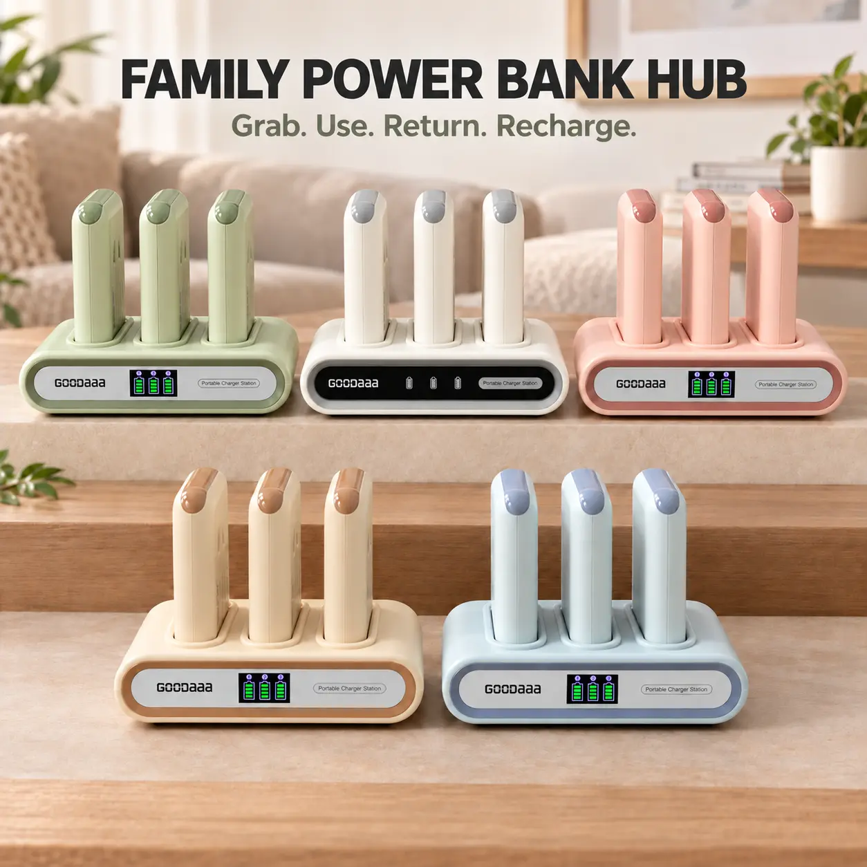 GOODaaa 3-Pack Chargeable Battery Power Bank with Charging Dock Station, Built-in Cables, Smartphones & Electronics Hub (Home & Travel Use) – Unique Cool Gifts for Adults, Mens Gifts