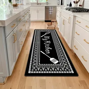 1pc Bohemian Look Black-White Geometric Tableware Pattern 0.47in Thick Sponge Long Floor Mat - Comfortable Standing Mat for Living Room, Bathroom