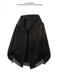 Men's Textured Shiny Full-Zip Hoodie, Heavyweight Oversized Loungewear Cardigan Jacket, American Streetwear Casual Top for Spring & Autumn