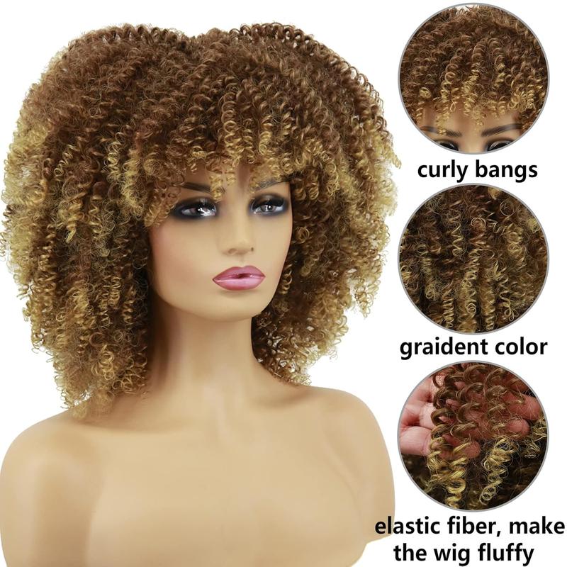 Xinran Blonde Curly Afro Wigs for Black Women, Blonde Kinky Curly Wig With Bangs, Synthetic Heat Resistant Fiber Afro Blonde Curly Wig for Daily Use