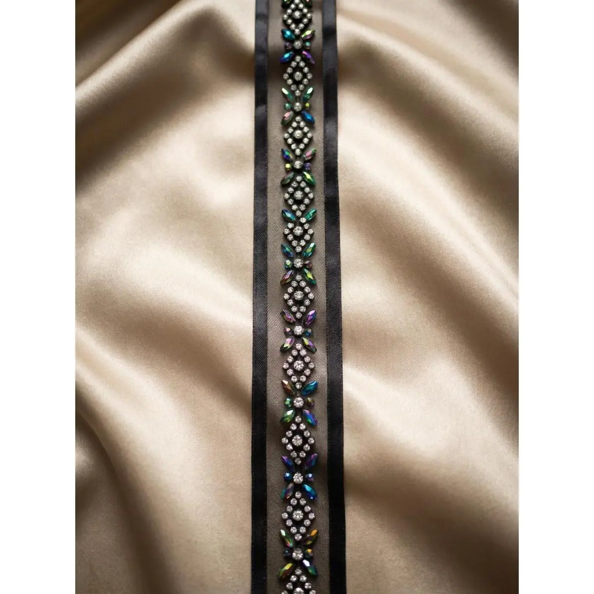 Luxury Rhinestone Beaded Trim – Black Iridescent Crystal Designer Trim – Couture Ribbon Trim – Sew On or Self Adhesive – Made in USA