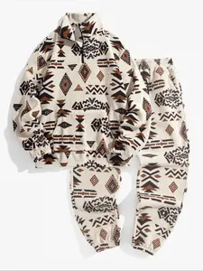 This 2-piece men's ethnic pattern drawstring waist stand-up collar sweatshirt and warm long pants set features a retro half-zipper design and loose, casual pockets for autumn and winter, making it comfortable for daily wear