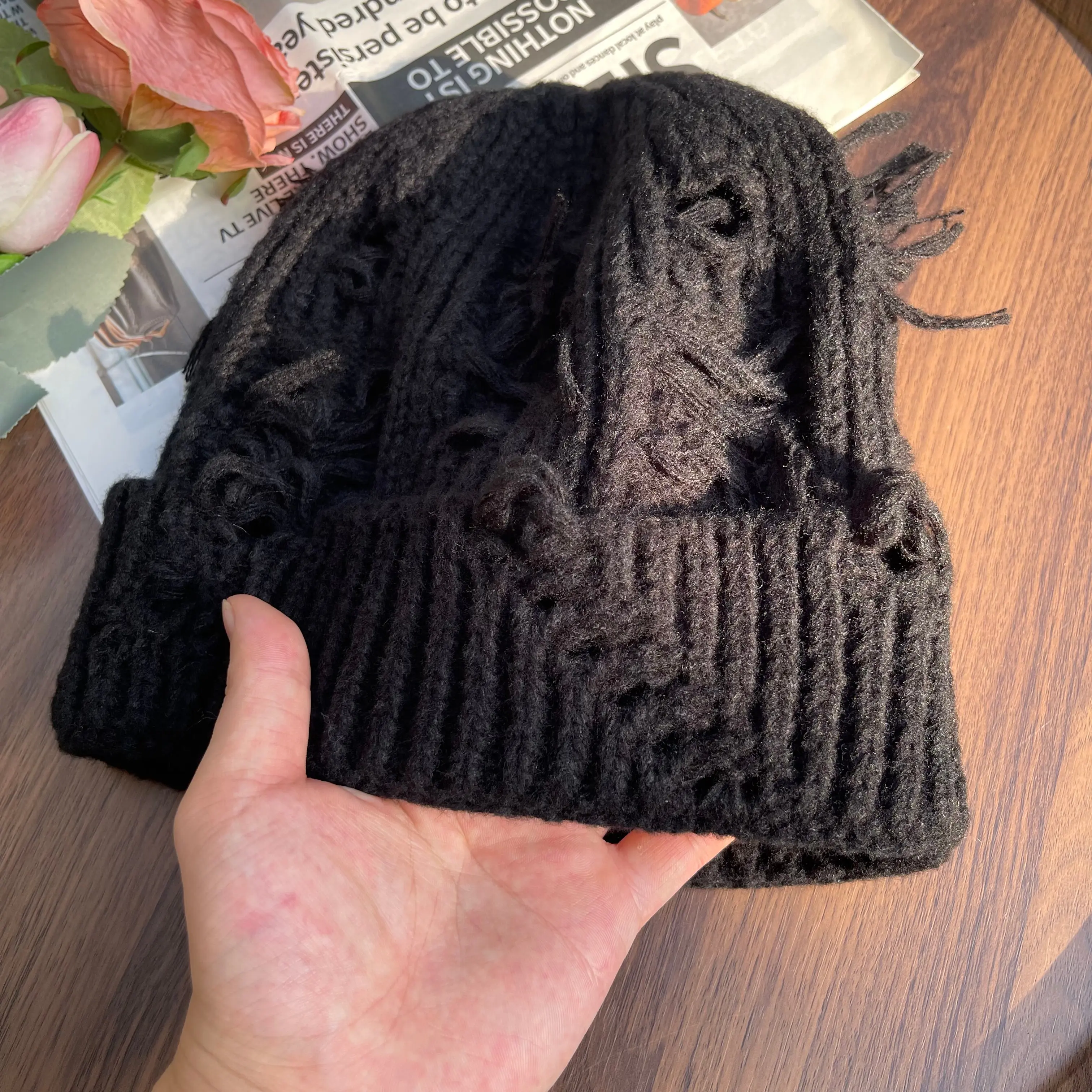 Y2K Distressed Knit Beanie Hat Grunge Skull Cap Vintage 