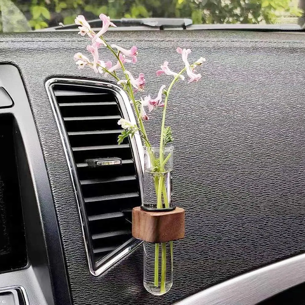 Stable Mini Car Flower Vase Clip Elegant Adjustable Car Vent Flower Vase Walnut and Glass Creative Car Vent Decor Dashboard