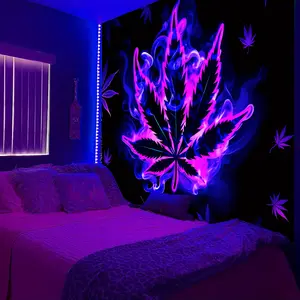 Hippy Purple Leaf Fluorescent Tapestry - Aesthetic Polyster UV BlackLight Tapestry for Living Room, Bedroom, Office, and Home Decor