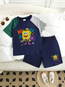 Summer Boys' Set Spongebob Skateboard Cartoon Print, Short Sleeve Tee & Shorts Two-Piece, Casual Loose Fit, Comfortable Daily Wear