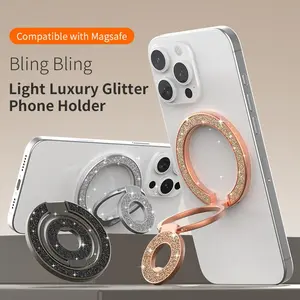 Sparkling luxury premium glitter folding mobile phone holder, smartphone ring, double-sided magnet, smartphone holder, compatible with MagSafe, 360° rotation, easy to put on and take off, suitable for iPhone, Samsung, smart belt magnetic accessories, suit