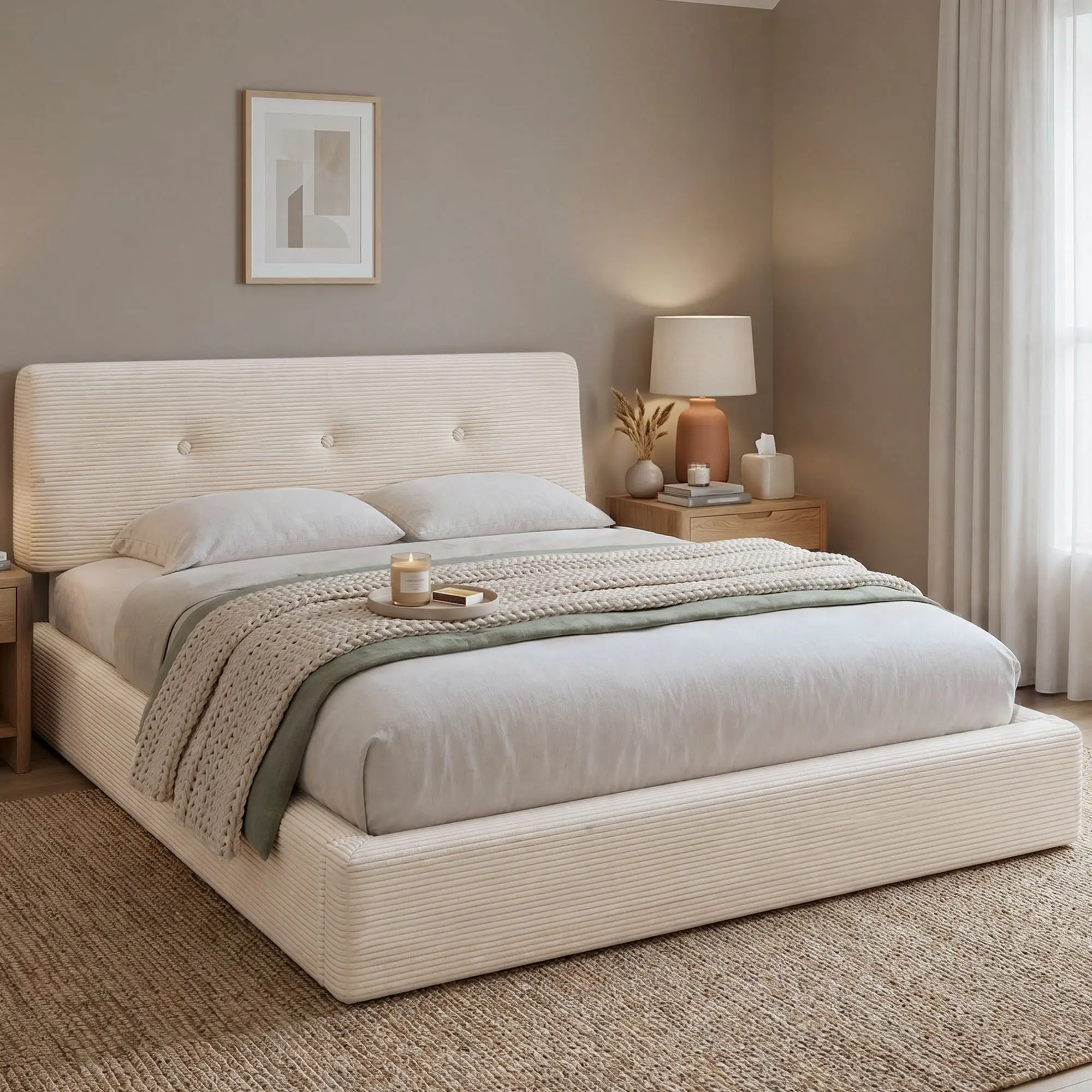 Raybee Fluffy Cloud Corduroy Upholstered Apartment Bed Frame - Adjustable Headboard, Anti-Collide Soft Rounded Corners, Low Profile, Full/Queen/King Sizes, 15 Mins Easy Setup, 882lb Capacity