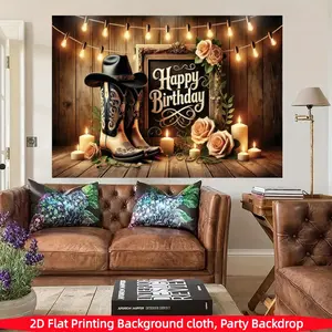 Happy Western Cowboy Birthday background banner, country wooden boards, boots, hats, rose candles, string lights, suitable for photo booths, parties, birthdays, celebrations, and indoor and outdoor home birthday party decorations