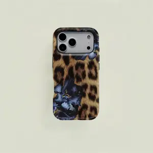 Classic Leopard Print with Dark Floral Hybrid Shockproof Phone Case, Hard Shell + Soft Inner Layer Protective Cover, Edgy Wild Aesthetic Accessory for iPhone & Samsung Design Lotus