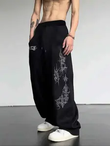 Men's Gothic Cross Key Print Wide Leg Pants - Black Baggy Streetwear Cargo Pants with Drapey Feel, High Street Casual Loose Trousers