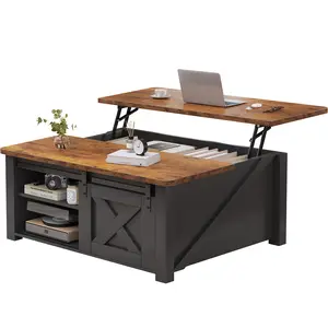 Walnut Wooden Coffee Table with Storage - Rectangular Farmhouse Style for Living Room, Hidden Compartment, Adjustable Shelves, Height-Adjustable Platform (Dual Use as Central Dining Table), Coffee Tables