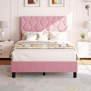 Pink Twin Bed Frame, Twin Size Upholstered Bed Frame, Twin Size Heavy-Duty Platform Bed Frame with Height Adjustable Fabric Headboard, Strong Wood Slat Support/No Box Spring Needed