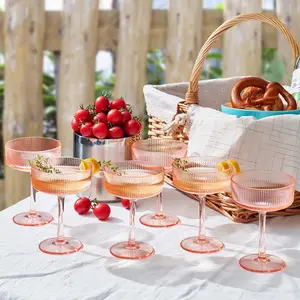 Khen Shatterproof Acrylic Ribbed Vintage Art Deco Martini, Champagne & Cocktail Pink Peach Tint Color Plastic Coupe Glasses | Set of 6 | 8oz Ripple Glassware Cocktail Indoor & Outdoor European Style