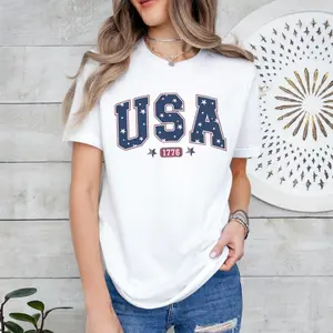 Vintage USA Sweatshirt, 4th of July Short Sleeve T-shirt, America Hoodie, USA Est 1776, Patriotic Crewneck, Women's 4th of July Sweatshirt, Flag Shirt Cotton Fabric