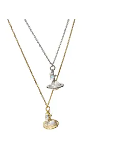 Minimalist Pearl Planet Necklace | Crystal-Encrusted Saturn Ring & Cross Iris Pendant | Versatile Jewelry for Daily Wear | Dangling Pearl Necklace