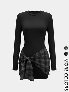 Women's Plaid Print Check Patchwork Tie Waist Fit Long Sleeve Mini Dress, Casual Fashion Spring Autumn Winter, Elegant & Stylish Design, Womenswear