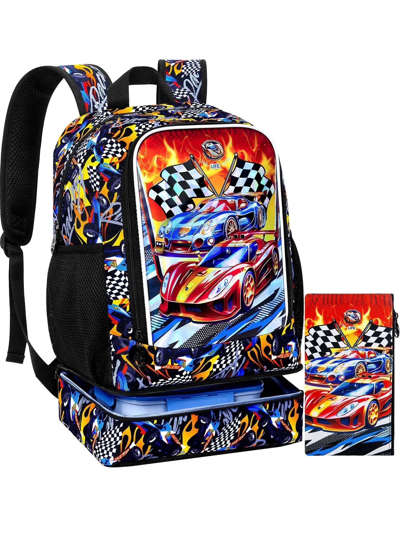 Boys 2pcs Race Car Backpack Set, Kids School Bookbag with Pencil Case, Preppy Style, All Seasons, Elementary Student Backpack