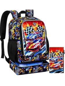 Boys 2pcs Race Car Backpack Set, Kids School Bookbag with Pencil Case, Preppy Style, All Seasons, Elementary Student Backpack