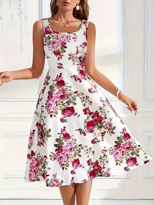 Elegant Floral Midi Dress for Women, Square Neck Sleeveless A-Line Dress, Vintage Summer Daily Wear, Stylish and Comfortable