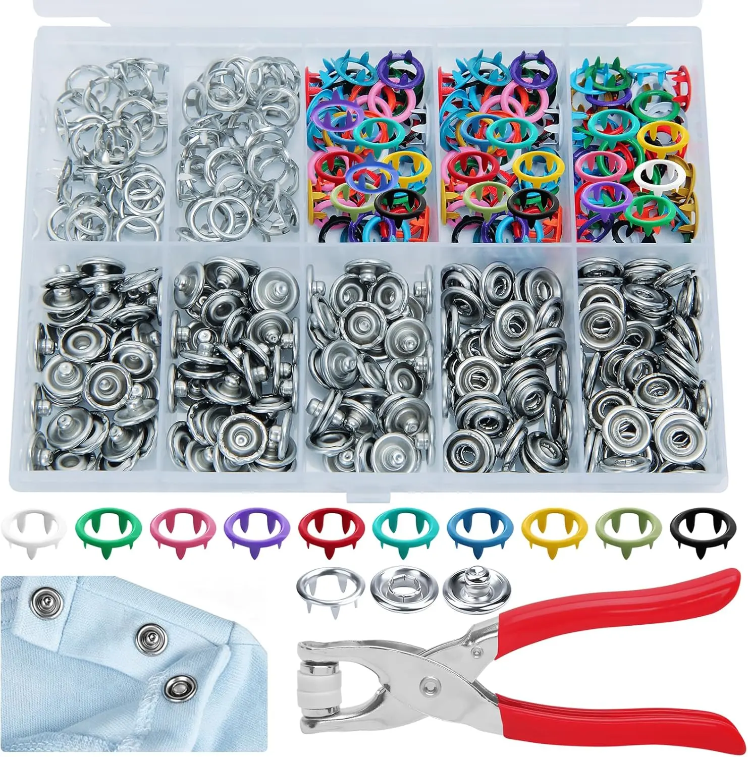 100 Sets Heavy-Duty Metal Snap Fastener Kit, Metal Press Stud Set, Snap Fasteners Kit, Crafts Metal Snap Button Kit, Snaps for Fabric with Tool, Claw snap fastener set, 9.5mm No Sew snap buttons with Pliers for Clothes Hats DIY Crafts