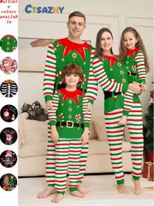 New Christmas Family Pajama Matching Set, Elastic Comfortable Fabric, Holiday Print Casual Wear, Cozy Parent-Child Style for Home Activities