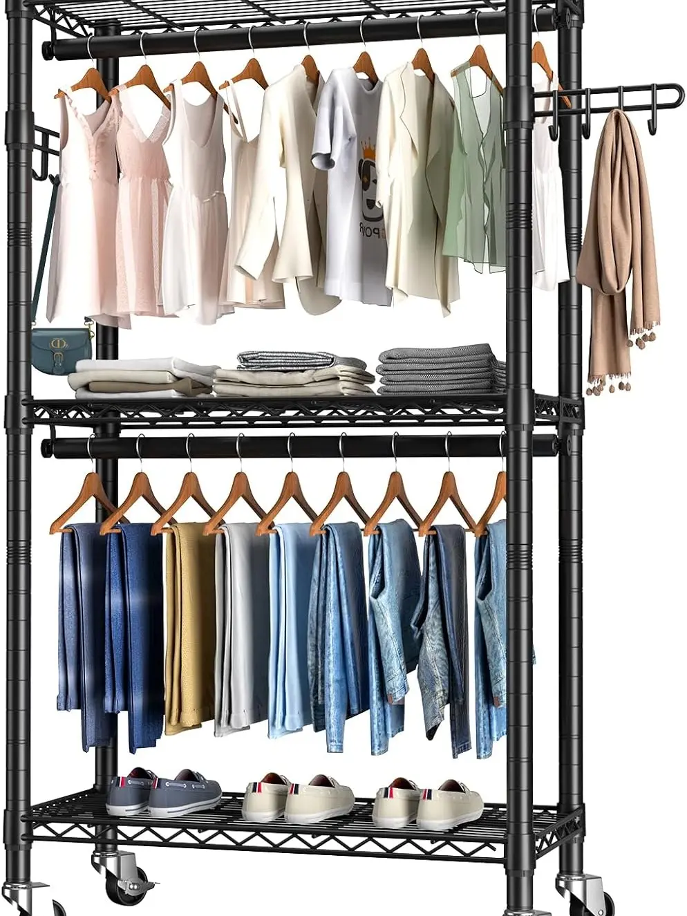 Heavy Duty Rolling Toilet Clothes Rack - 3-Tier Adjustable Wire Shelving, Double Hanging Rods, Side Hooks, Freestanding Garment Rack for Home Bathroom Supplies