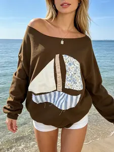 Womens Off Shoulder Patchwork Sweatshirt Boat Neck Long Sleeve Oversized Pullover Casual Slouchy Top Cozy Streetwear Lounge Shirt