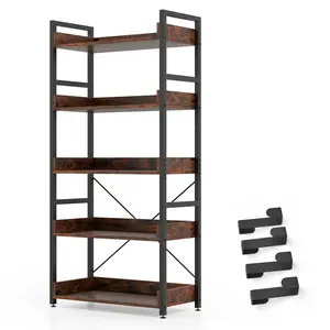 COSTWAY - 5-Tier Bookshelf with 4 Hooks Industrial Storage Bookcase-Rustic Brown