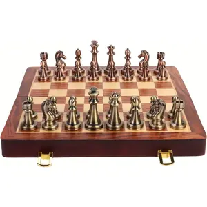 15-Inch Metal Chess Set with Wooden Storage Box - Folding Travel Board, Alloy Chess Pieces for Adults, Strategy Game & Home Decor