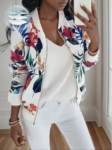 Women's Floral Digital Print Zipper Jacket, Fall Winter Fashion Outerwear, Casual Long Sleeve Coat for Daily Wear