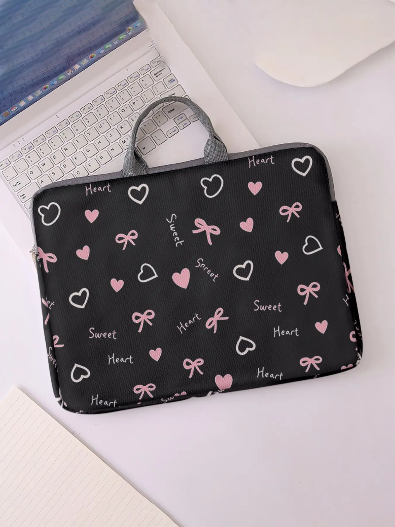 Heart Bow Print Notebook Bag, Soft Laptop Sleeve, Laptop Cover, Tablet Case, Zipper Storage Pouch, Casual Style, All Seasons, Valentine's Day Gift