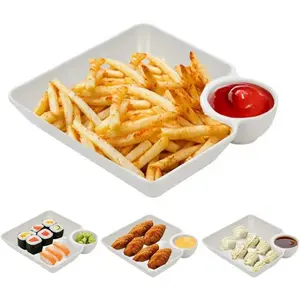 4 count Chips and Salsa Serving Dish Plates, Veggie Platter Dipping Serving Trays with Sauce Rack for Buffet Family Party Appetizer Sushi Taco Salsa Charcuterie Barbecue Plate,  (White 4 count)
