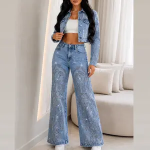 Luxury Embroidered Rhinestone Denim Set – Stretch Palazzo Jeans & Cropped Jacket