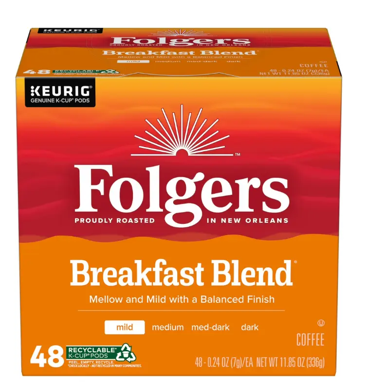 Folgers Breakfast Blend, Mild Roast Coffee, Keurig K Cup Pods, 48 Count Box