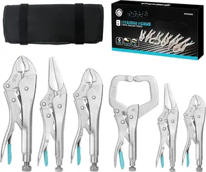 6- CR-V Pliers Set - 6-1/2', 9-1/2' Long Nose, 5', 7' & 10' Curved Jaw, 6' C-Clamp, Fast Release with Oxford Rolling Pouch