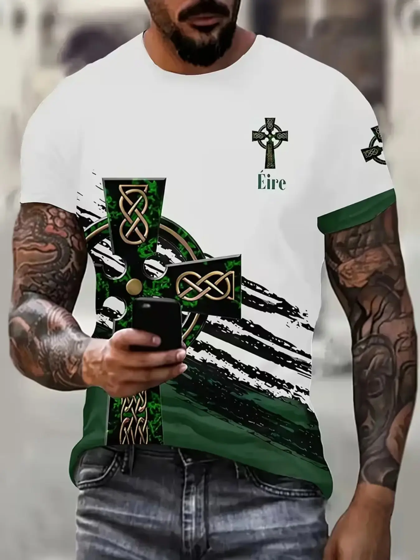 Men's Celtic Ireland Theme Printed T-Shirt, and Gold Short Sleeve Round Neck Casual Streetwear, St Patrick's Day and Irish Traditional Clothing