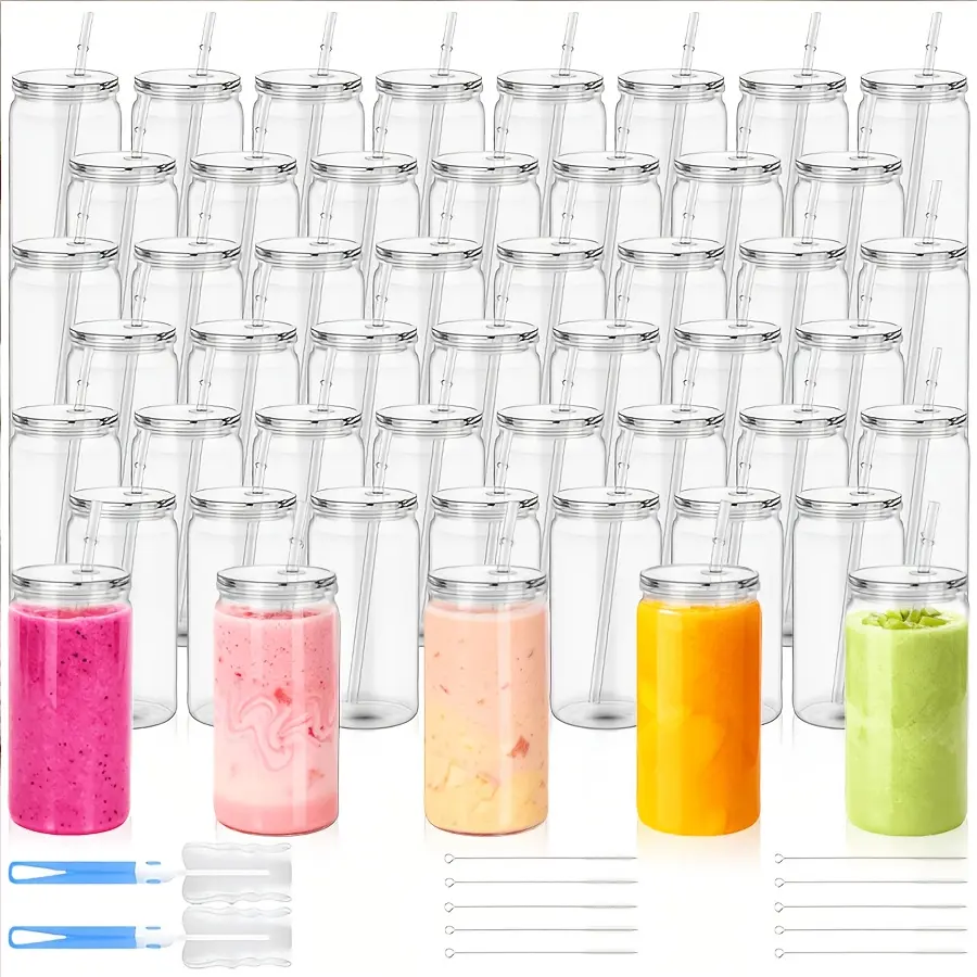 HILAKE Bottled Water Bottles (50 Pcs, 16 oz) - Single-Layer Transparent, Portable Reusable Washable, Leakproof Airtight Cap, Insulated for Cold Drinks, Bendy Straw, Ideal for Fitness, Valentine’s Day Gifts