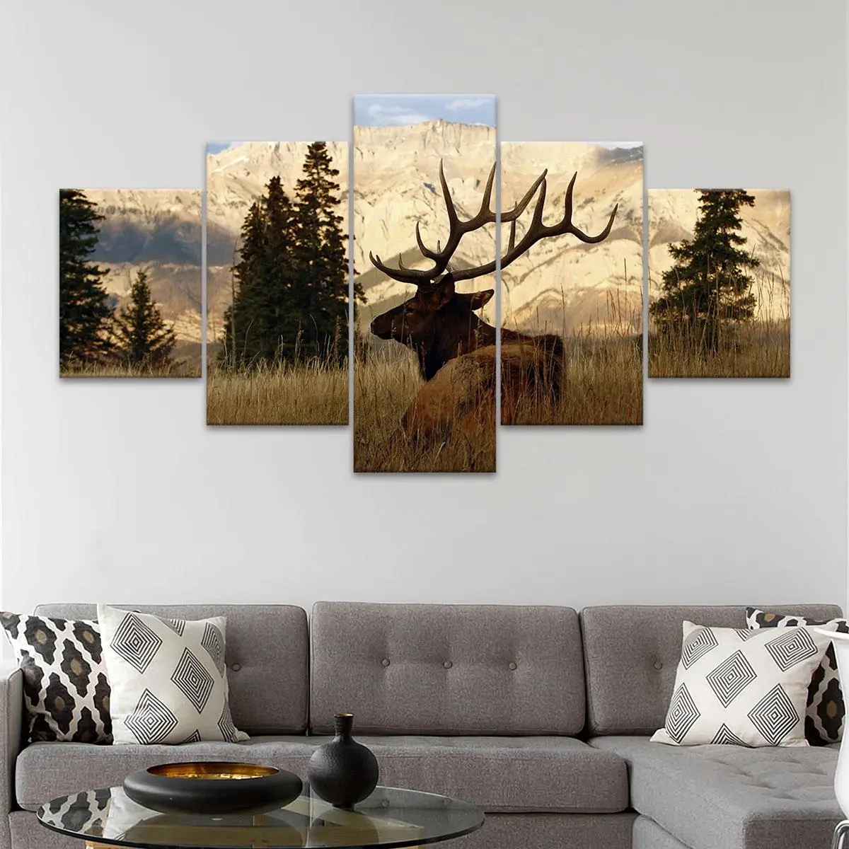 Elk in The Mountains and Fields Pattern Canvas Unframed Painting, 5 Counts/set Exquisite Natural Landscape Wall Art, Artwork, Wall Decor for Home Living Room Bedroom Office, Ornaments, Modern Home Decor