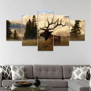 Elk in The Mountains and Fields Pattern Canvas Unframed Painting, 5 Counts/set Exquisite Natural Landscape Wall Art, Wall Decor for Home Living Room Bedroom Office, Ornaments, Modern Home Decor