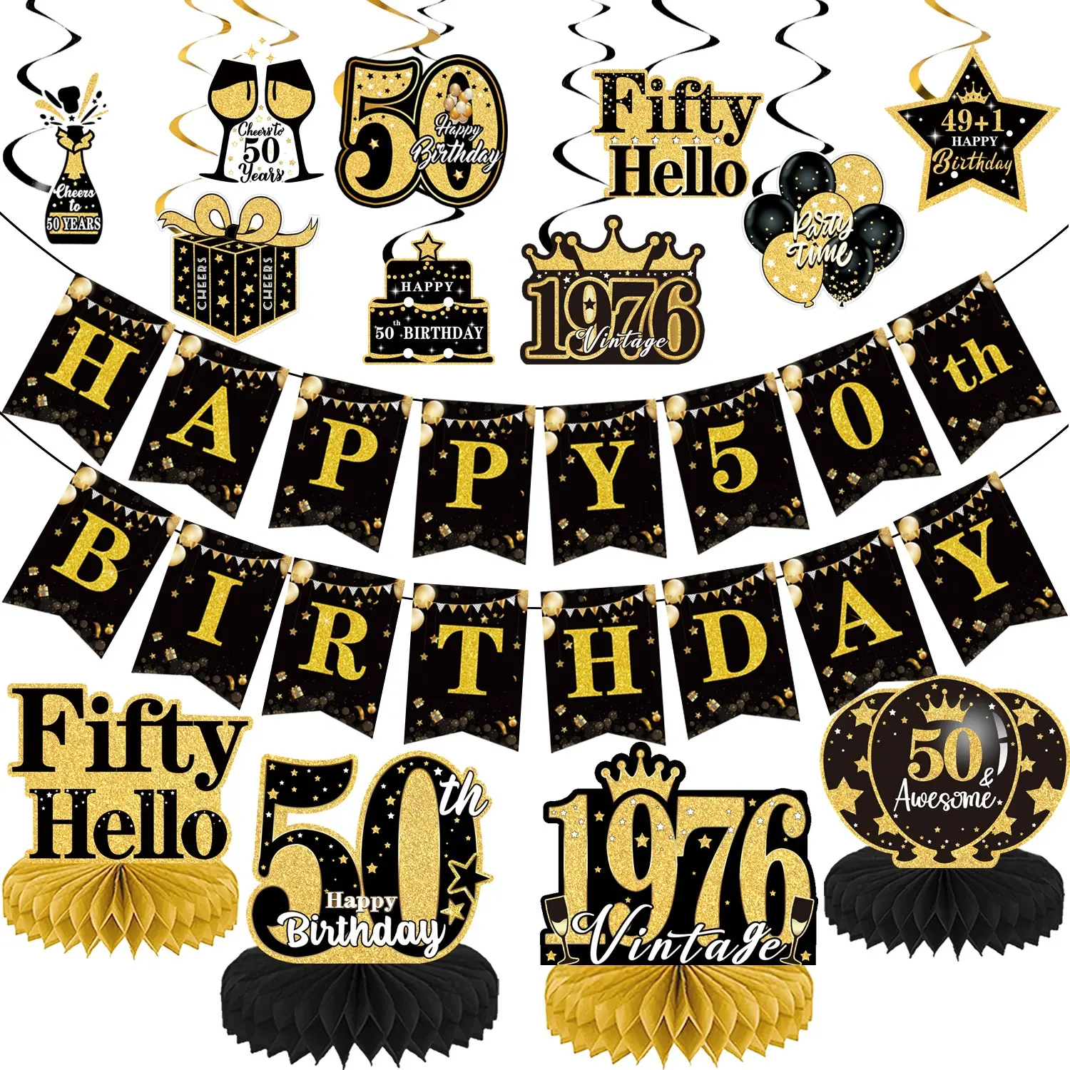 15Pcs 50th Birthday Honeycomb Centerpieces Decorations with Banner Hanging Swirls, Black Gold 50th Party Decorations, Cheers to Fifty-Year-Old Birthday Party, 50 Years Old Table Party Supplies Set, Party Event Props Party Pack