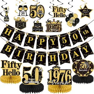 15Pcs 50th Birthday Honeycomb Centerpieces Decorations with Banner Hanging Swirls, Black Gold 50th Party Decorations, Cheers to Fifty-Year-Old Birthday Party, 50 Years Old Table Party Supplies