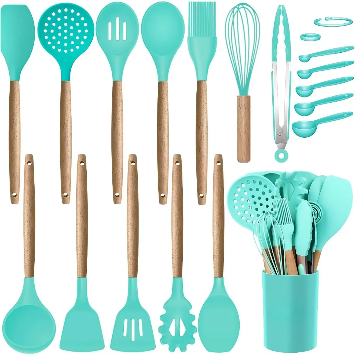 Teal Silicone Cooking Kitchen Utensils Set with Holder and Wooden Handles