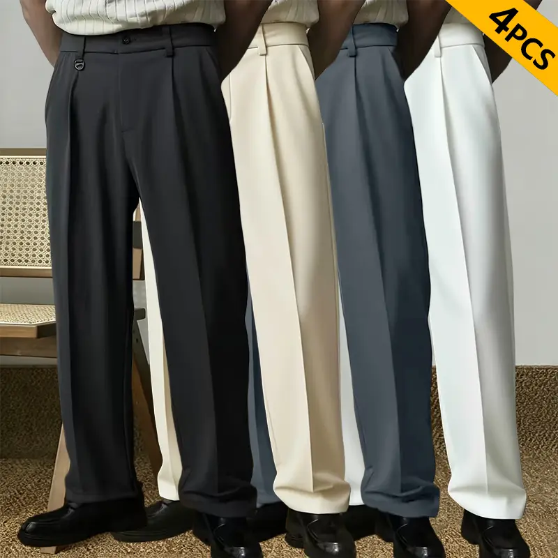 Pack of 4 – Men’s elegant solid-color casual trousers, straight-leg business dress pants for everyday commuting, non-stretch fabric, suitable for daily commutes and outdoor activities