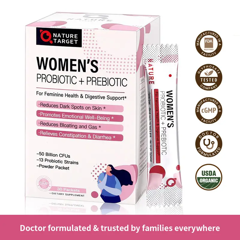 Nature Target Women's Probiotics + Prebiotic Powder for Digestive & Immune Support - 50 Billion CFUs, 13 Strains, 1680mg Prebiotic Fiber, Gluten-Free,