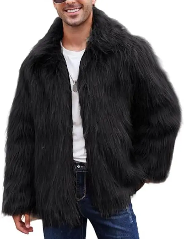 Gihuo Faux Fur Coat for Men Warm Winter Fluffy Furry Jacket