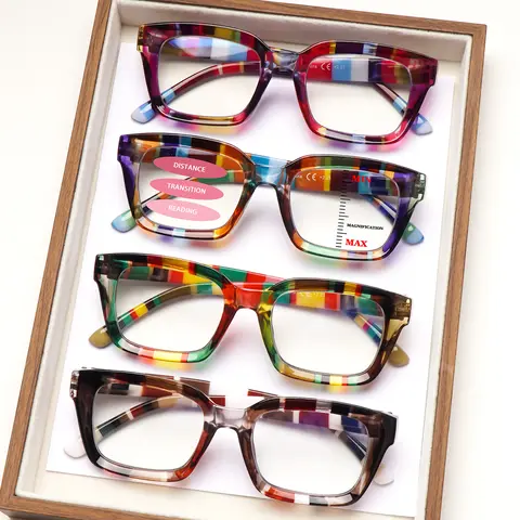 4-Piece Set Of Vibrant Striped Progressive Multifocal Blue Light Blocking Reading Glasses Rectangular Frames, Durable Lenses, Spring Hinges Timeless Design, Perfect For Everyday Wear
