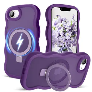 Magnetic iPhone Phone Case, MagSafe Compatible Wavy Frame with Kickstand, Matte Hard Back Silicone Bumper, Shockproof for Women Girls