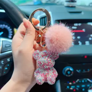 2025 New Product Fashionable Full-diamond Sitting Bear Keychain, Mink Hair Car Keychain Cute Bag Pendant