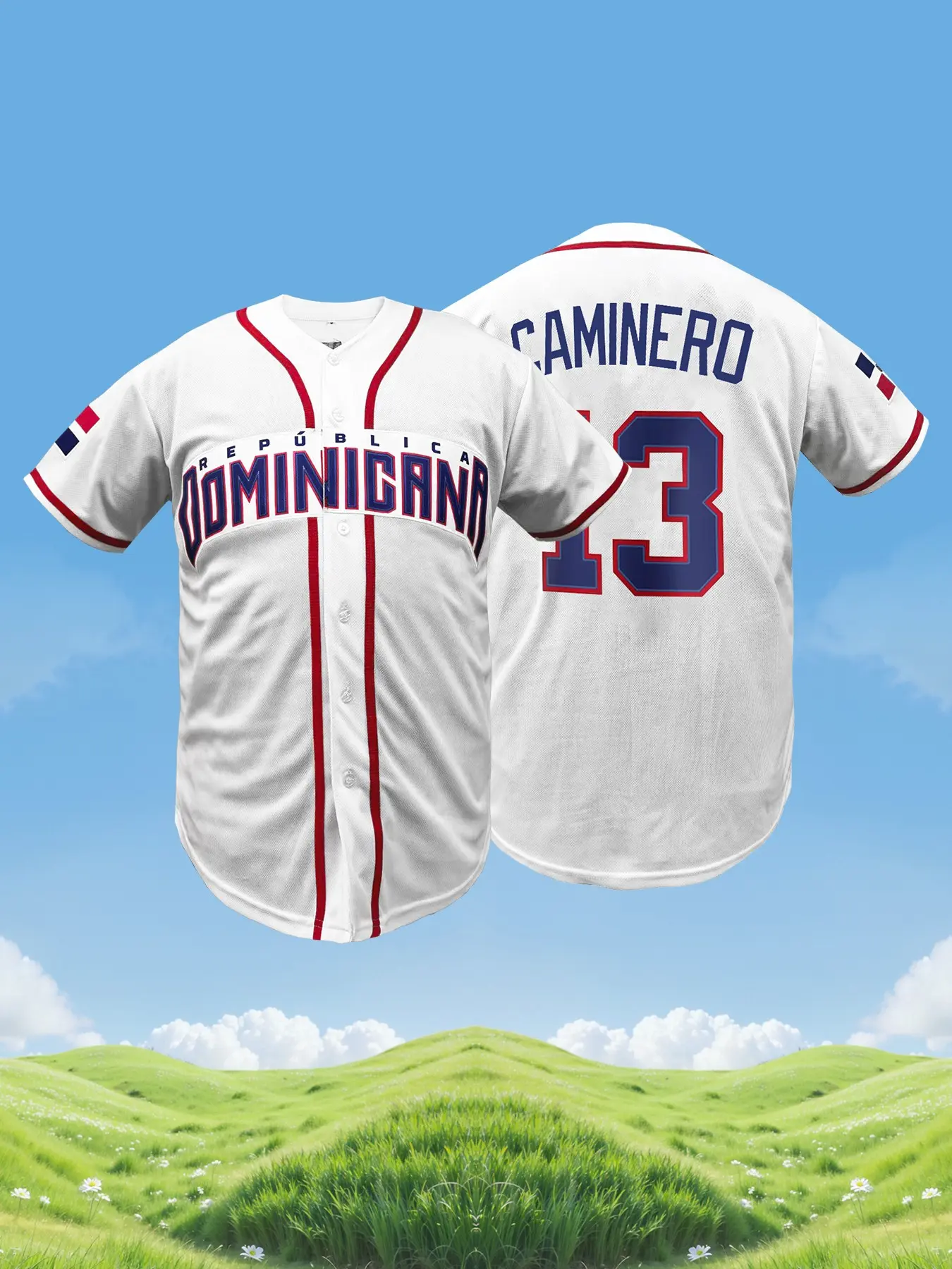 Unisex Dominican Themed #13 2026 Baseball Tournament Style Embroidered Jersey, Embroidery Sportswear, Loose Fit Button Down Breathable Short Sleeve Athletic Top, Casual Sports Shirt for Training Game Daily Wear Fans Collection All Season